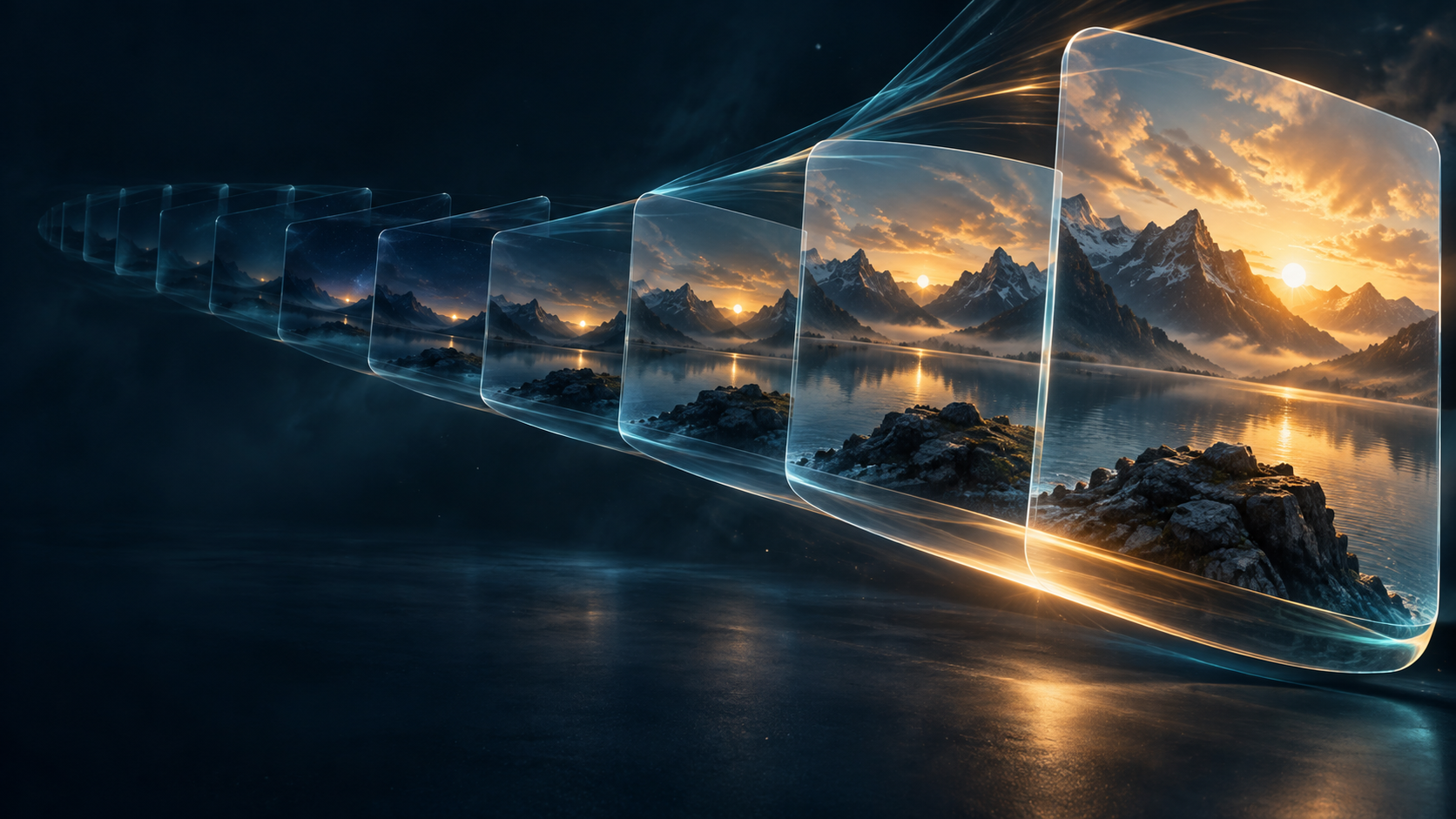 Sequential glass frames visualizing a still scene becoming motion